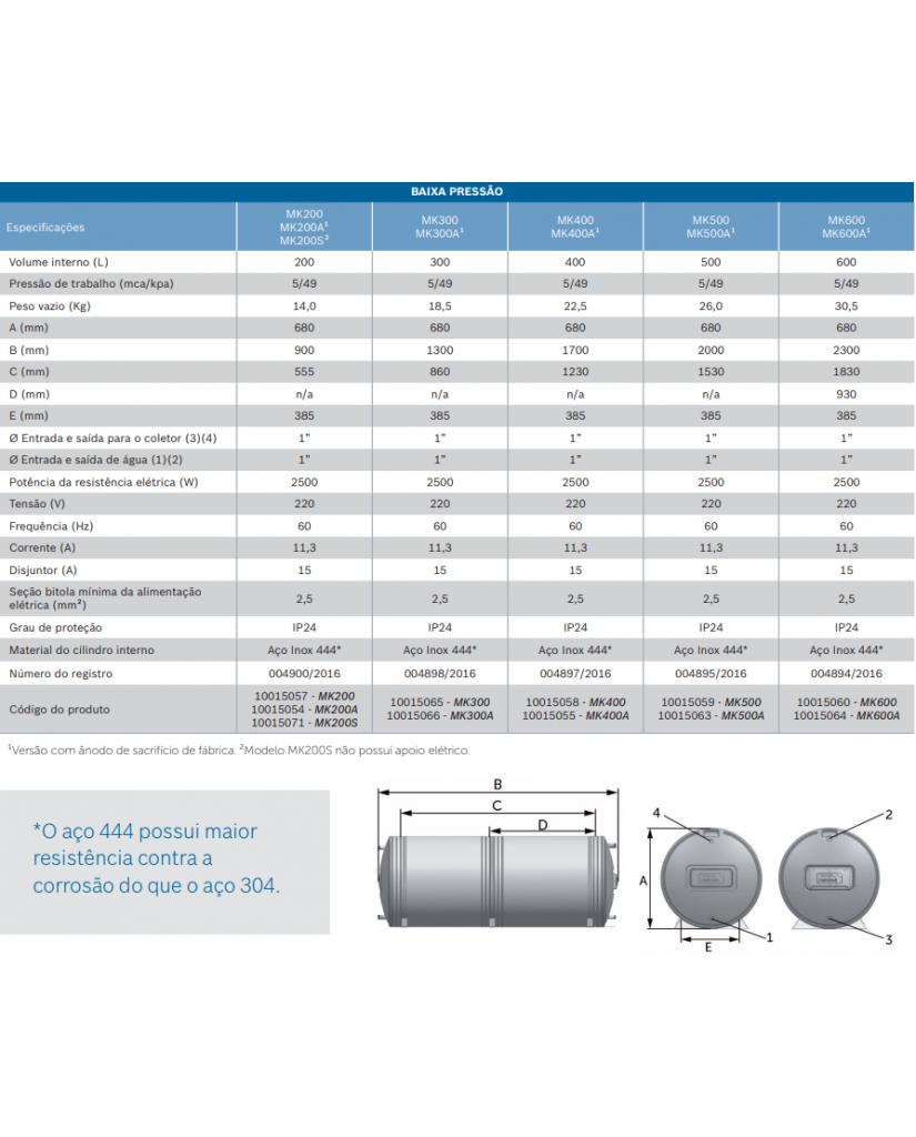 Aquecedor Heliotek Inox 444 - Apoio Elétrico Horizontal Baixa Pressão 200L
